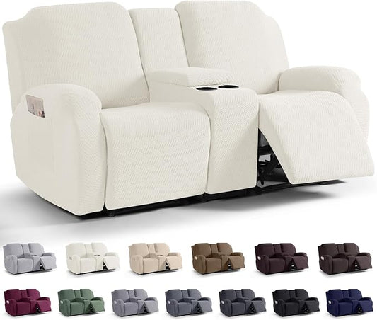KinCam Loveseat Recliner Covers with Middle Console Slipcover, Cream | Stretch Recliner Sofa Covers for 2 Seat Couch Cover, Jacquard Furniture Protector Covers with Elastic Bottom for Kids, Pets by KinCam