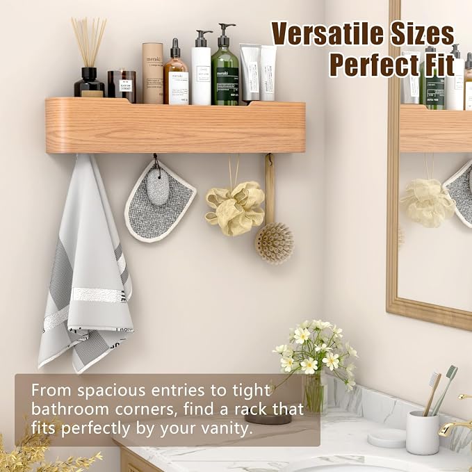 Coat Rack Wall Mount with Hidden Hooks, Wall Hooks with Shelf, Wall Key Holder Mount Wooden Shelf Entryway Hooks for Bedroom Bathroom for Hanging Coats Hats Bags Towels (Oak, 5 Hooks) - Image 4