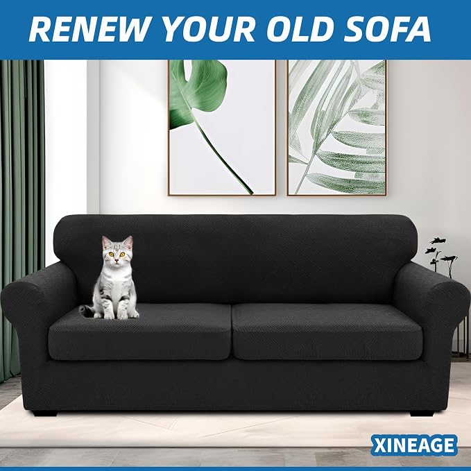 XINEAGE 2026 New 3 Pieces Couch Covers for 2 Extra Large Cushion Sofa Super Stretch Sofa Cover for 2 Large Seat Cushion Universal Loveseat Slip Cover for Living Room (Black), 71"-91"(2 Cushions) - Image 4