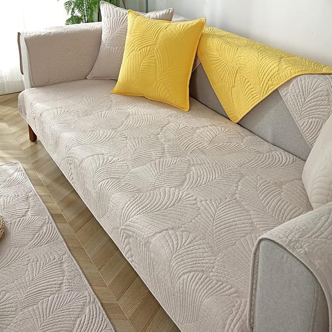 Solid Color Leaf Cotton Quilted Armrest Covers Backrest Covers Anti-Slip Soft Sofa Cover Armchair Slipcovers for Dogs Cats Pet (Khaki,36''x36'') - Image 4