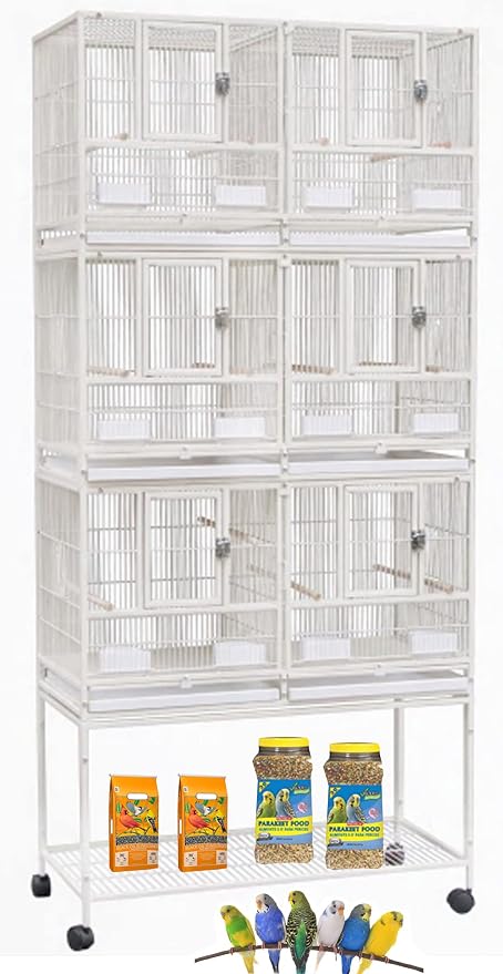 Triple Combo Stacker Sturdy Wrought Iron Center Divided Breeder Side Breeding Doors Bird Flight Double Rolling Cage for Aviaries Canaries Cockatiels Lovebirds Finches Budgies Small Parrots by Mcage
