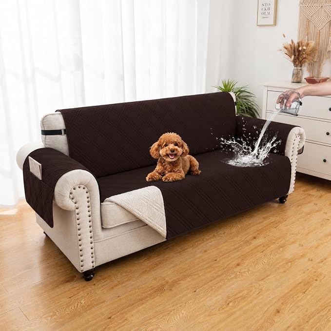 100% Waterproof Couch Cover for Dogs, Anti-Slip Washable Sofa Cover with Elastic Straps & Side Pockets, Durable Furniture Protector for Kids & Pets (Loveseat 46", Chocolate) by Unknown
