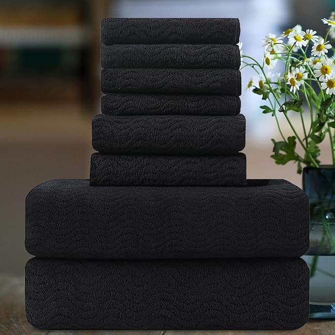 Smuge Ultra Soft 8 Piece Textured Bath Towel Set for Bathroom Shower Pool, Kitchen, Quick Dry, Lightweight Highly Absorbent - 2 Oversized Bath Towel Sheets, 2 Hand Towels, 4 Washcloths - Black by Smuge