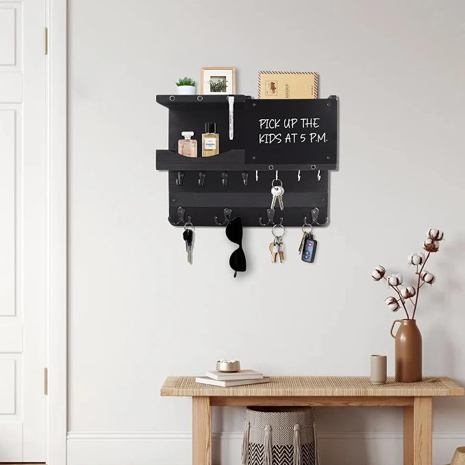 Key Holder for Wall Mount with Shelf and Mail Organizer, Key and Mail Holder with 16 Hooks, Farmhouse Entryway Organizer, Home Decor Rack (Pine Wood, Black) - Image 7