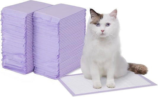 Amazon Basics Cat Pee Pads, Odor Control, Super Absorbent, Disposable, Universal Fit for Litter Box, Unscented, Multi-Cat, White/Purple, 80 Count by AmazonBasics