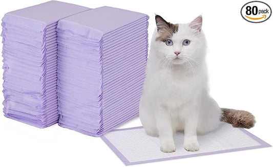 Amazon Basics Cat Pee Pads, Odor Control, Super Absorbent, Disposable, Universal Fit for Litter Box, Fresh Scent, Multi Cat, White/Purple, 80 Count by AmazonBasics