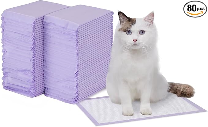 Amazon Basics Cat Pee Pads, Odor Control, Super Absorbent, Disposable, Universal Fit for Litter Box, Lemon Scent, Multi Cat, White/Purple, 80 Count by AmazonBasics