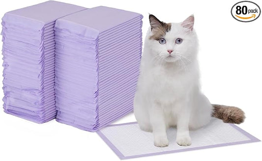 Amazon Basics Cat Pee Pads, Odor Control, Super Absorbent, Disposable, Universal Fit for Litter Box, Lemon Scent, Multi Cat, White/Purple, 80 Count by AmazonBasics