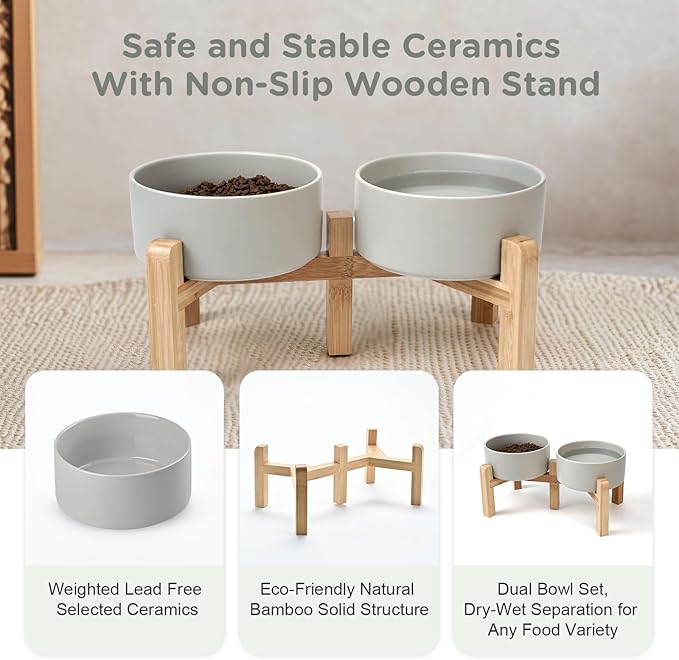 SPUNKYJUNKY Elevated Dog Bowls Ceramic, 6.1'' Dogs and Cat Food Water Bowls Raised with Non-Slip Bamboo Stand for Medium Sized Breed Microwave Dishwasher Safe - 28.7 OZ,Grey - Image 6