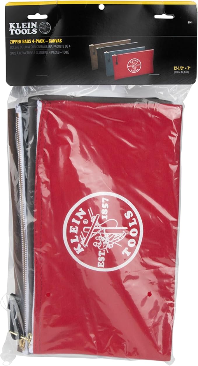Klein Tools 5141 Zipper Tool Bag, Tool Pouch, Bank Deposit Canvas Utility Bag, 12.5 x 7-Inch, Brown/Black/Gray/Red 4-Pack - Image 7