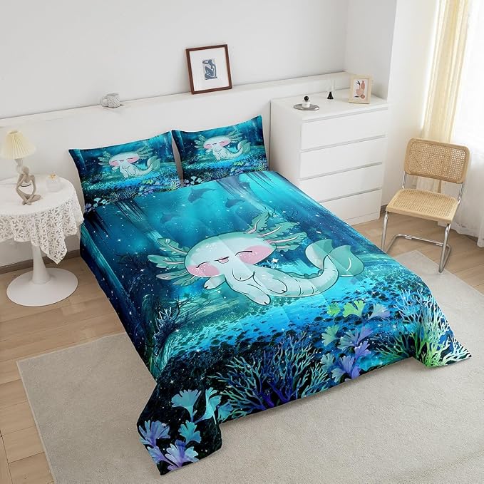Manfei Cartoon Axolotl Twin Size Comforter Set,Cute 3D Ocean Animal Quilt Set Soft Bed Collection,Blue Seaweed Plant Bedding Comforter for Boys Girls Kawaii Bedroom Decor,2 Pcs - Image 4