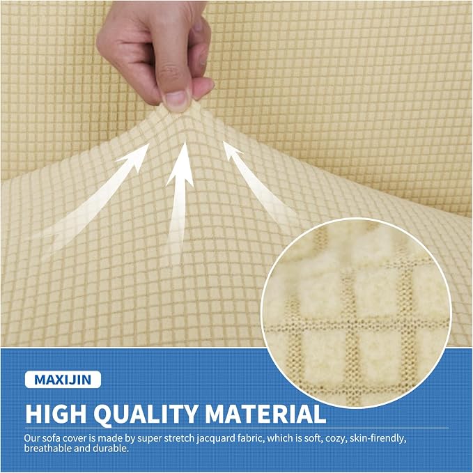 MAXIJIN 4 Piece Couch Covers for 3 Cushion Couch Super Stretch Sofa Cover for Dogs Pet Proof Fitted Furniture Protector Spandex Jacquard Non Slip Magic Couch Slipcover Washable (Large, Beige) - Image 3