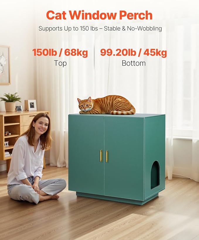 VEVOR Cat Litter Box Enclosure, 31.5 in Hidden Litter Box Cabinet, Wooden Indoor Cat Washroom with Ventilated Holes, Double-Door Kitty Pet House Furniture, End Side Table Fit Most Litterboxes - Image 2