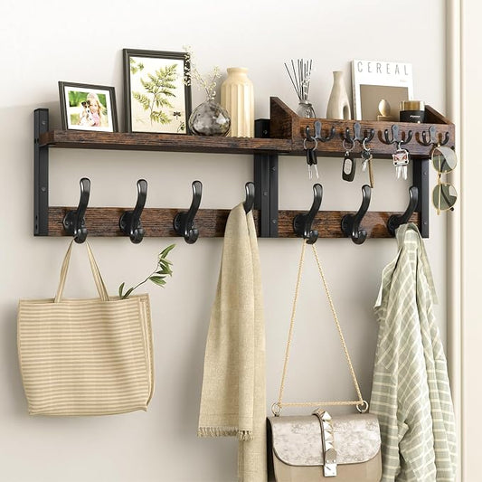 Evermagin 29" Coat Rack Wall Mount with Shelf for Entryway, Rustic Brown | Wall Mounted Coat and Key Rack with Hooks, Key Holder with Mail Organizer for Wall, Living Room, Mudroom, Bedroom by Evermagin