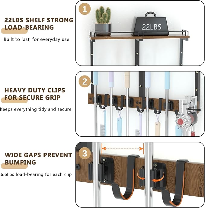 Mop Holder Wall Mount with Cleaning Supplies Organizer, Wood Mop and Broom Hanger Rack Organizer with Anti-Fall Wall Shelf with 5 Clips & Hooks for Garage Laundry Room Kitchen (Brown) - Image 6