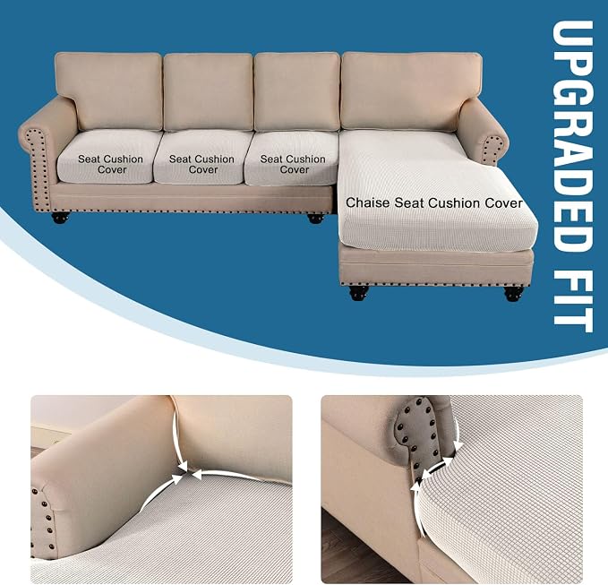 H.VERSAILTEX Sectional Couch Covers 4 Pieces Sofa Seat Cushion Covers L Shape Separate Cushion Couch Chaise Cover for Both Left/Right Sectional Couch (Seat Only: 1 Chaise + 3 Sofa, Ivory) - Image 4