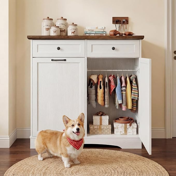 39.7’’W Dog Feeding Station, Tilt-Out Dog Food Cabinet for Multi-Pets, Pet Feeder Station with 4 Feeding Bowls, Dog & Cat Storage Organizer with Hanging Rod, (White, Dual Doors) - Image 8