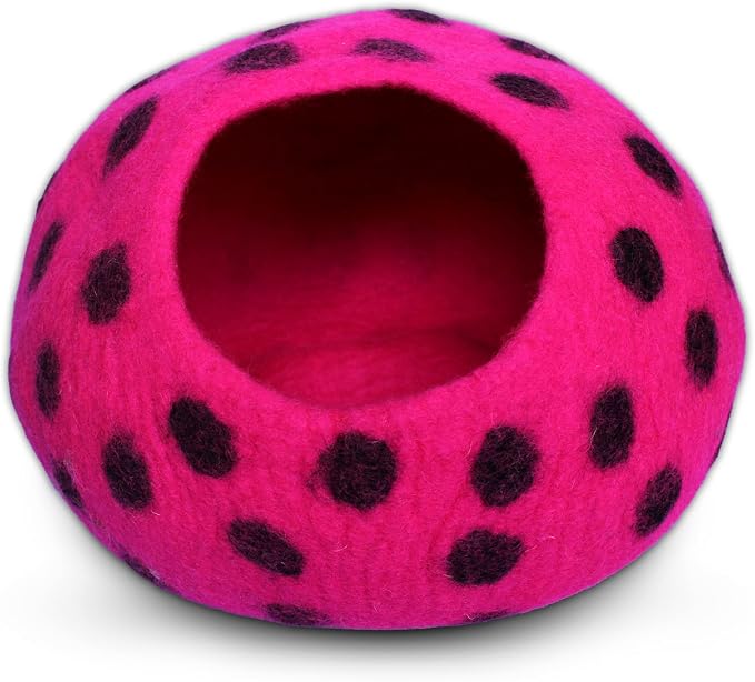 Woolygon Premium Felt Cat Cave Bed – Wool Kitty Beds Handcrafted Kitten Caves Bed for Indoor Cats - Made from Merino Wool, Foldable Cat Hideaway Covered Cat House Pod (Pink Polka) - Image 8