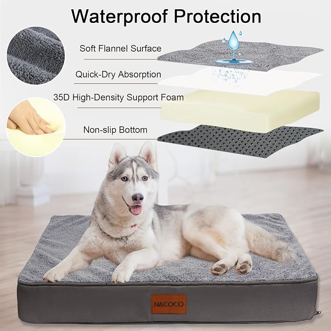 NACOCO Orthopedic Dog Bed for Medium Large Dogs, Waterproof Dog Crate Mat with Removable Washable Cover, 35D High-Density Foam Support, Non-Slip Bottom & Flannel Top, for Elderly Dogs, Grey, 35"x24" - Image 4