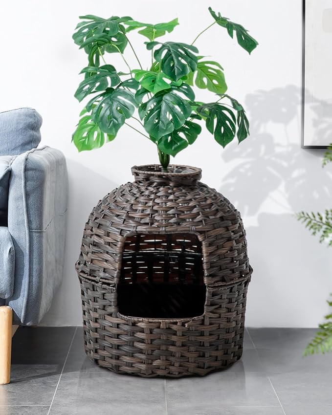 SETVSON Cat Litter Box Plant Furniture Enclosure, PE Rattan House, Brown | Decorative Planter Design, Removable Top for Easy Cleaning, Built-in Litter Box, Compact 20x20x38.97 Inches, PE Rattan House - Image 2