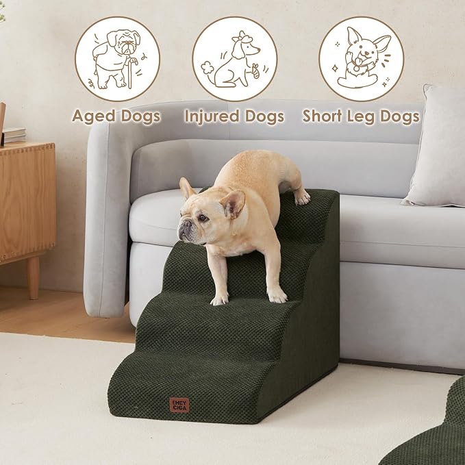 EHEYCIGA Curved Dog Stairs Ramp for High Beds 19.7" H, 4-Step Dog Steps for Small Dogs and Cats, Pet Stairs for High Bed Climbing, Non-Slip Balanced Pet Step Indoor, Military Green - Image 4