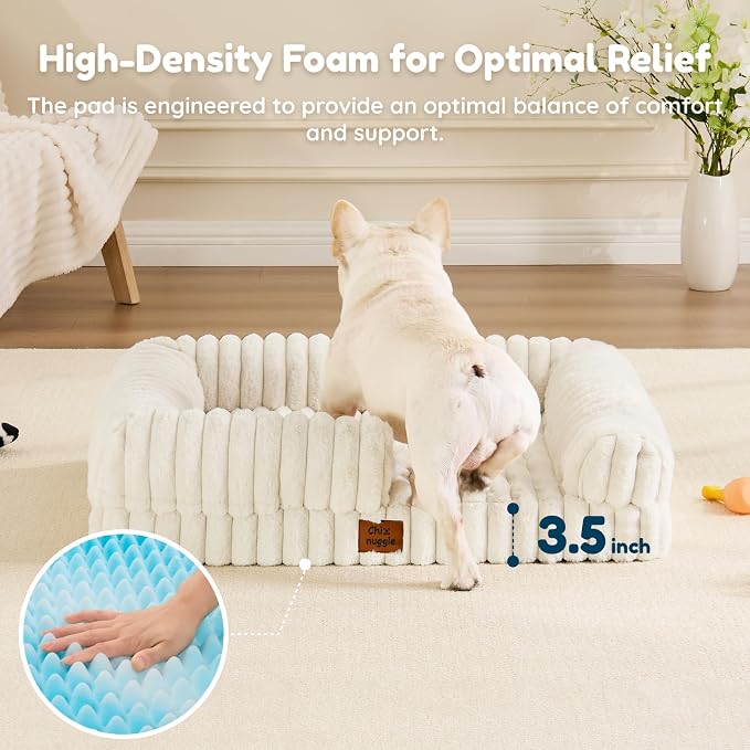 ChiXnuggle Faux Fur Orthopedic Dog Bolster Bed, Waterproof Washable Cover | rectangular dog sofa couch,egg crate foam,non-slip bottom,for small medium dogs,cream,30*24*7,puppy bed - Image 3