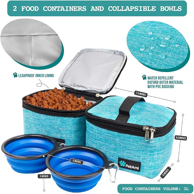 PetAmi Dog Travel Bag Organizer, Pet Travel Kit with 2 Food Containers & 2 Collapsible Dog Bowls, Pet Supplies Tote with Luggage Sleeve, Weekend Road Trip Camping Essentials, Teal Blue, Medium - Image 3