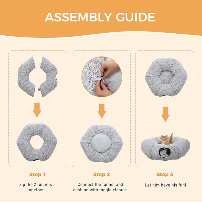 PEQULTI Cat Tunnel with Bed for Indoor Cats, Cat Play Donut Tunnel with Washable Soft Plush Mat, Round Cat Tunnel Toys Cute Cat Tube for Kittens, Puppies, Rabbits and Ferrets, Grey - Image 6