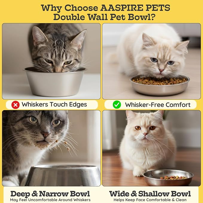 Stainless Steel Cat Food Bowl, 16 oz / 2 Cup Each, Heavy Duty Double Wall Insulated, Shallow Whisker-Friendly Design, Non-Slip Flat Base Dish for Cats & Kittens, D/W Safe (Pack of 4) - Image 8