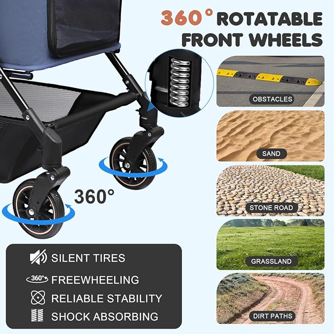 Dog Stroller for Large & Medium Dogs (20–132 lbs), Pet Stroller for 2 Small Dogs, Cat Strollers for 2 Cats, Extra Large Heavy Duty, Foldable & Fully Ventilated Design, Blue