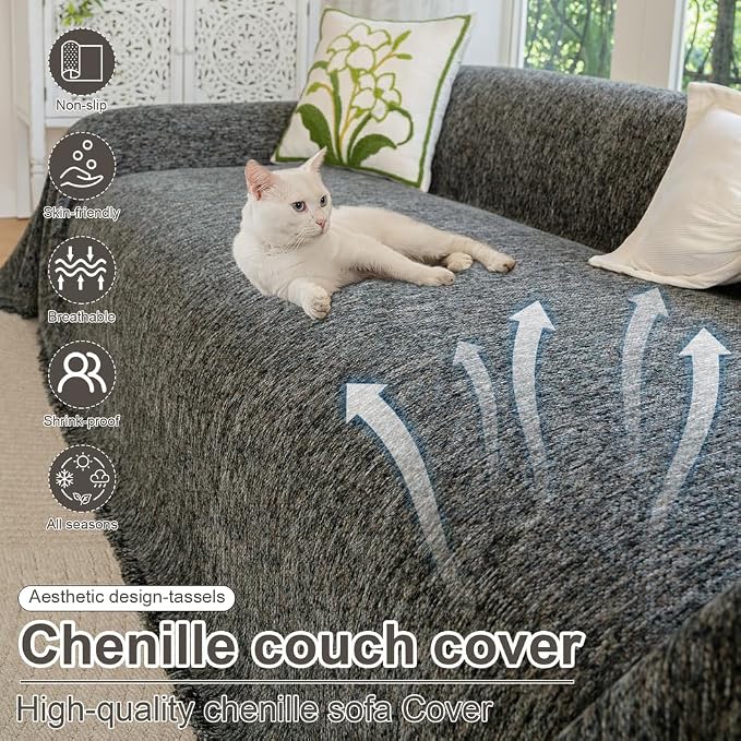 ROOMLIFE Gray Couch Cover Boho Sofa Covers for 3 Cushion Couch Washable, Furniture Protector Sofa Couch Cover for Dogs, Soft Chenille Sofa Slipcover, Couch Throw Blankets with Tassels 71 '' X 134'' - Image 2
