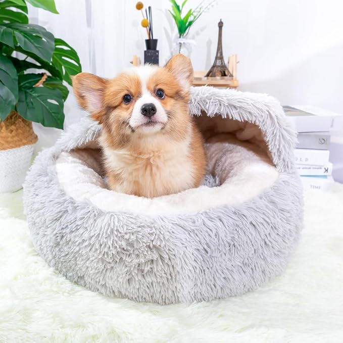 PetPals Round Cat Bed with Hoodie Cover and Removeable Washable Cushion | Super Soft Faux Fur Pet Bed with Cover for Puppies and Kittens or Ferrets Small Pets with Anti-Slip Bottom, Light Gray - Image 3
