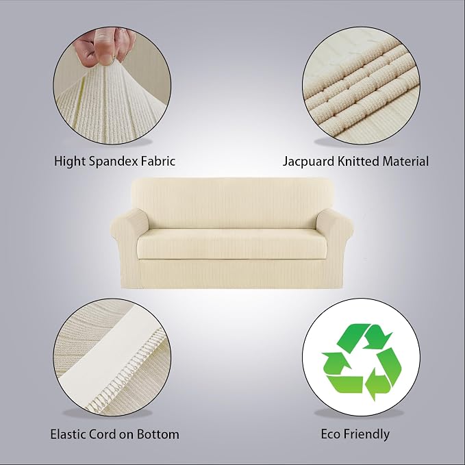 Sofa Cover Stretching Skid Resistance Couch Cover for Pets Washable, Thick and Durable Soft High Spandex Striped Pattern Sofa Covers, Form Fitted Sofa Slipcover(Sofa, Ivory) - Image 2
