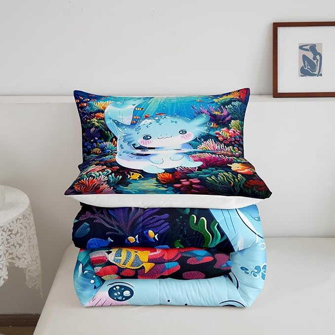 Manfei 3D Print Axolotl Twin Size Comforter Set,Cute Blue Ocean Animal Salamander Quilt Set Soft Bed Collection,Watercolor Undersea Coral Seaweed Bedding Comforter for Kids Teens Girls,2 Pcs - Image 5