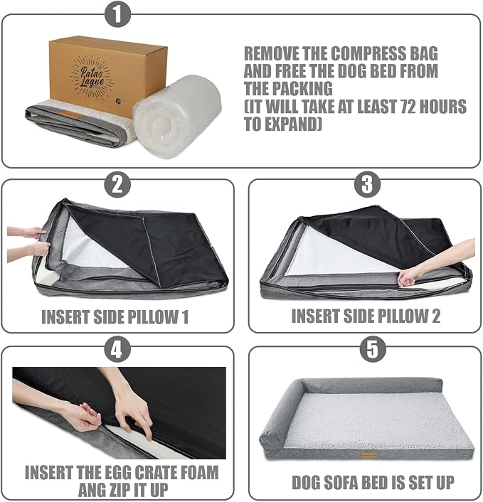 Patas Lague Orthopedic Large Dog Bed Pet Sofa Beds 48''X30''Grey | L Bolster Egg-Crate Foam Dog Couch For Large Sized Dogs, Waterproof Removable Washable Cover, Pet Mat with Nonskid Bottom - Image 6