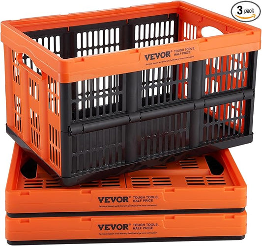 VEVOR 45L Collapsible Milk Crates 3 Packs, Stackable Storage Baskets with Handles, Folding Storage Containers for Organizing Tools, Books, Food, Drinks, Camping & Transport by VEVOR