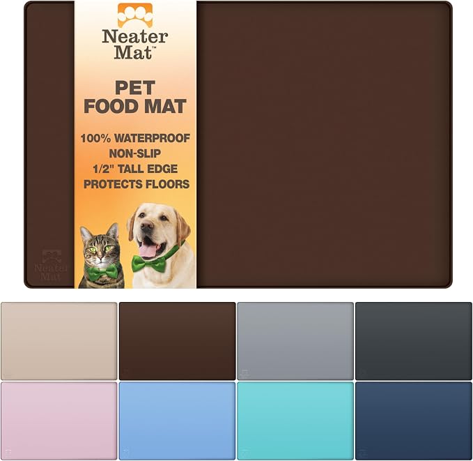 Neater Pet Brands Neater Mat Pet Mats for Food and Water, Cat & Dog Bowl Mat Waterproof Silicone, Feeding Tray, Dog Food Mats for Floors, Placemat w/Raised Edge for Under Bowls, 19” x 12”, Brown by NeaterPetBrands