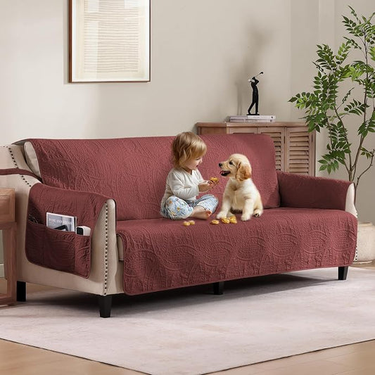 Quilted Grand Sofa Covers for 4 Cushion Couch, Couch Cover for Grand Sofa Washable, Soft Cozy Couch Protector, Oversized Grand Sofa Slipcovers Water-Repellent (Grand Sofa 98", Red) by Pamhaven
