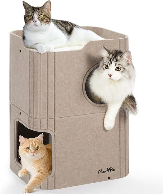 Made4Pets Cat House for Indoor Use, 2-Storey Cube Bed Cave, Covered Hideaway Condo with Scratch-Resistant Felt, Foldable Easy-to-Clean Design for Multi-Cat Homes, Beige by Made4Pets