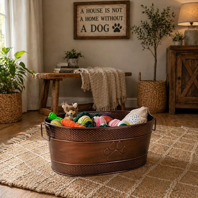 BREKX Copper Metal Dog Toy Storage Bin, Indestructible, Large | Toy Box, Blanket & Leash Organization • Handles - Image 5