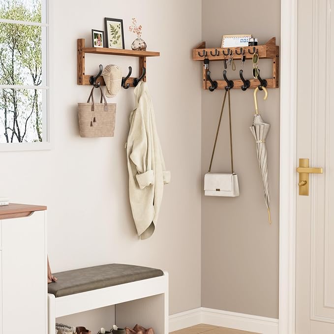 Evermagin 35" Coat Rack Wall Mount with Shelf & 13 Hooks, Entryway, Brown | 4-in-1: coat hooks, key hanger, mail holder & display shelf. Pine wood. For bedroom, hallway, mudroom, livingroom - Image 3