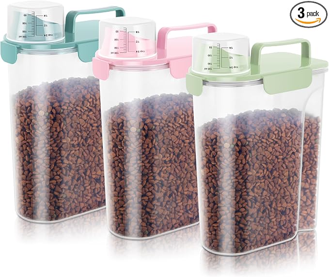 10-20Lbs Portable Cat Dog Food Storage Container with Upgraded Large Spout and Cup Dispenser for Small Large Animal Kibble, Pet Bird Snack, Oatmeal, Rice, Flour, Brown Sugart-3 Pack Pink Blue Green by LEAWALK