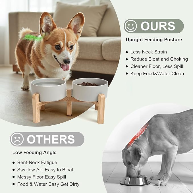 SPUNKYJUNKY Elevated Dog Bowls Ceramic, 6.1'' Dogs and Cat Food Water Bowls Raised with Non-Slip Bamboo Stand for Medium Sized Breed Microwave Dishwasher Safe - 28.7 OZ,Grey - Image 3