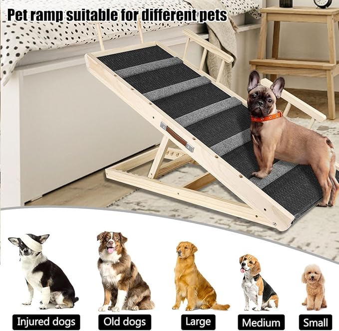 GaliGali Dog Ramp, Adjustable Portable Folding Pet Ramp, Grey 43.3" Long Wooden with Non-Slip Traction Pad for Small Old Dogs and Cats, Applies to Sofa, Couch, Car NO.GGPTZHI-110