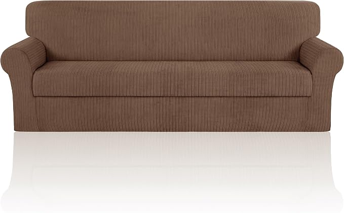 Oversized Sofa Cover Stretching Skid Resistance Couch Cover for Pets Washable, Thick and Durable Soft High Spandex Striped Pattern Sofa Covers (Oversized Sofa, Brown) by ChengEase