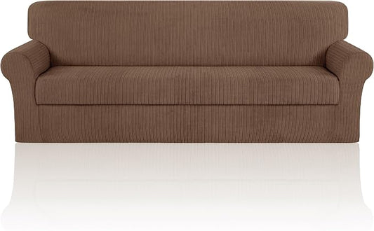 Oversized Sofa Cover Stretching Skid Resistance Couch Cover for Pets Washable, Thick and Durable Soft High Spandex Striped Pattern Sofa Covers (Oversized Sofa, Brown) by ChengEase