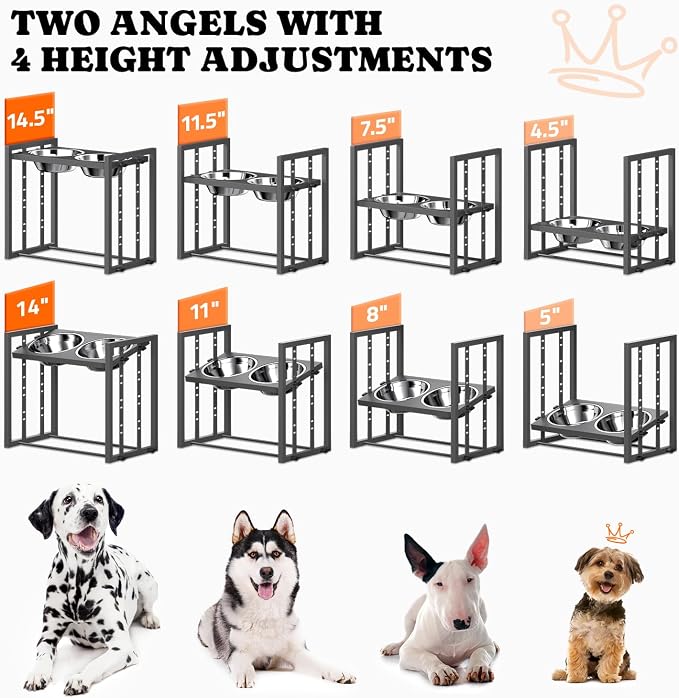 Elevated Dog Bowl for Medium Breed, Height Adjustable Feeder with Mat, Grey | Adjustable Height at 15°Tilted Angle, Lightweight, Nonslip, All-Iron Structure, Stainless Steel bowls, Easy Assembly Cleaning - Image 2
