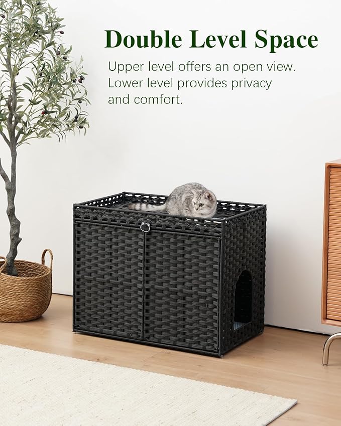 SETVSON Cat Litter Box Enclosure Furniture, Hidden Litter Box, Cat Litter Box Cabinet with 2 Litter Mats, Handwoven Rattan Large Space Cat House, Indoor for Living Room, Bedroom, Apartment Black - Image 2