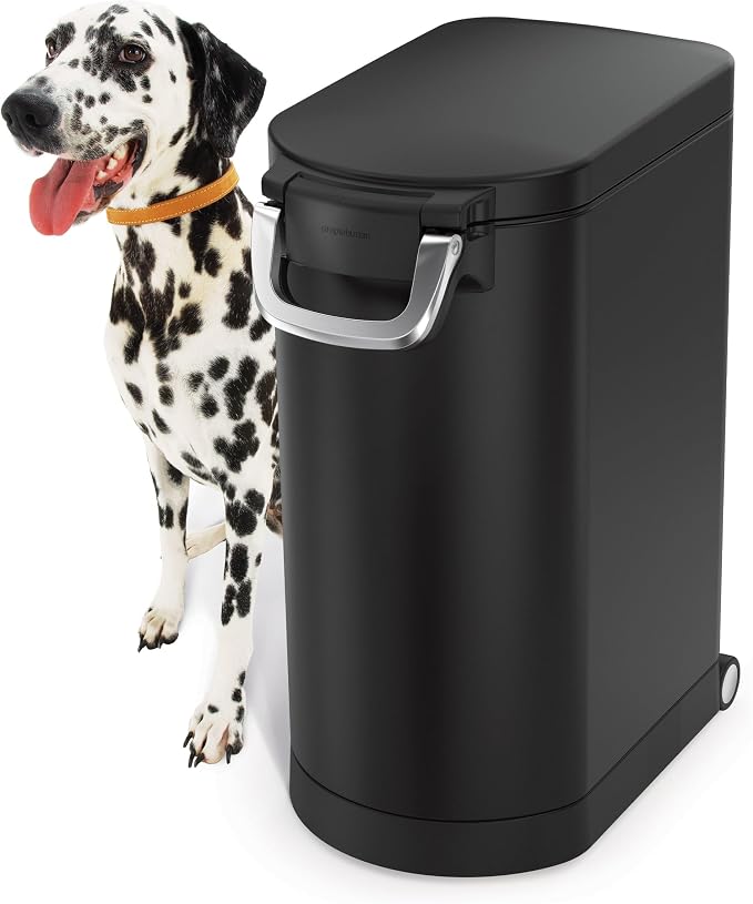 simplehuman Large Pet Food Storage Container, Holds 30-35 lb / 14-16 kg of Dry Dog Food, Cat Food, or Bird Seed, Airtight Lock-Tight Lid with Magnetic Scoop, BPA-Free, Matte Black Steel by Unknown