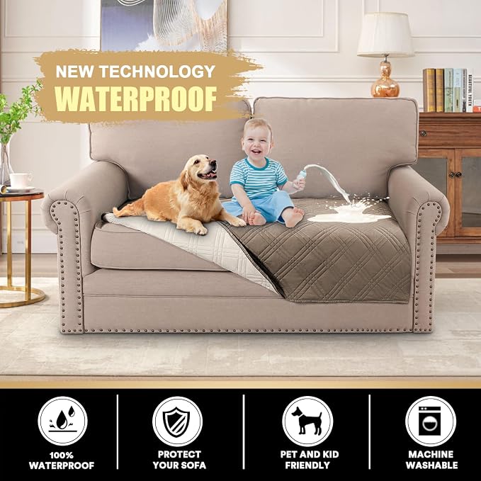 PrinceDeco Waterproof Sofa Bed Cover Washable，Thick Loveseat Couch Covers for 2 Cushion Couch Sofa Pet Friendly, Pet Couch Covers Furniture Protector for Dogs Cats ((Taupe,40x48 Inch) - Image 2